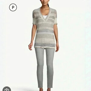 Chico’s Neutral & Gold Stripe Open-Weave V-Neck Tunic Size Small